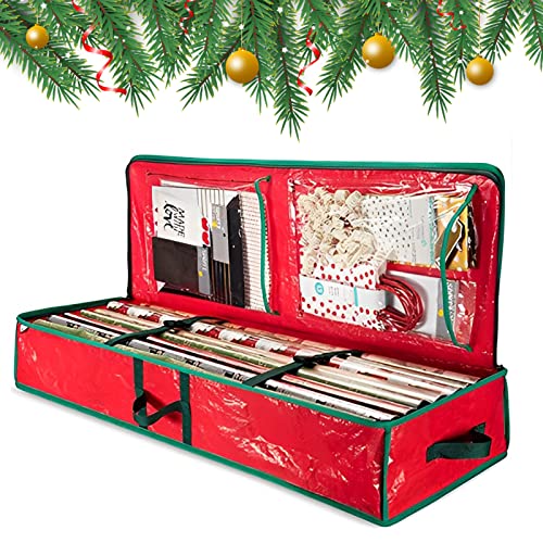 Lrxinki Geschenkpapier Aufbewahrung Weihnachten Geschenkpapier Organizer, Organizer für Geschenkpapier, Hochwertige Geschenkpapier Aufbewahrungstasche mit Innentaschen (Rot) Cover
