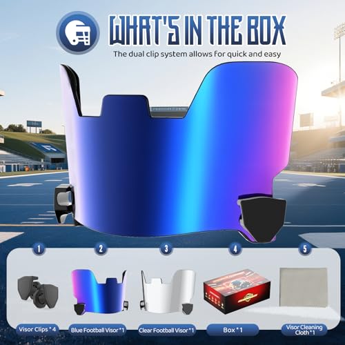 Image of 2 Pack Football Helmet Visors, Clear and Blue | Clear and blue visor set with two hardware kits for game and practice rotation