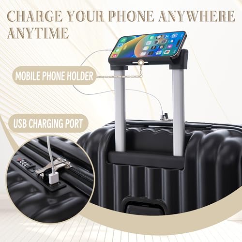 3-Piece Hardshell Carry On Luggage Set, ABS Spinner Suitcases With Wheels, 20/24/28 Inch, Black, Smart Features with USB Port & Cup Holder4