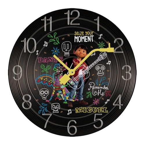 掛け時計 木製レコード ココ・ミゲル・エル・マリアチ リメンバー・ミー ウォールクロック かけ時計 置き時計 インテリア おしゃれ 電池式 飾り 木製 連続秒針 北欧 無音 壁掛け 個性的 大数字 音楽愛好家 直径30cm ギフト
