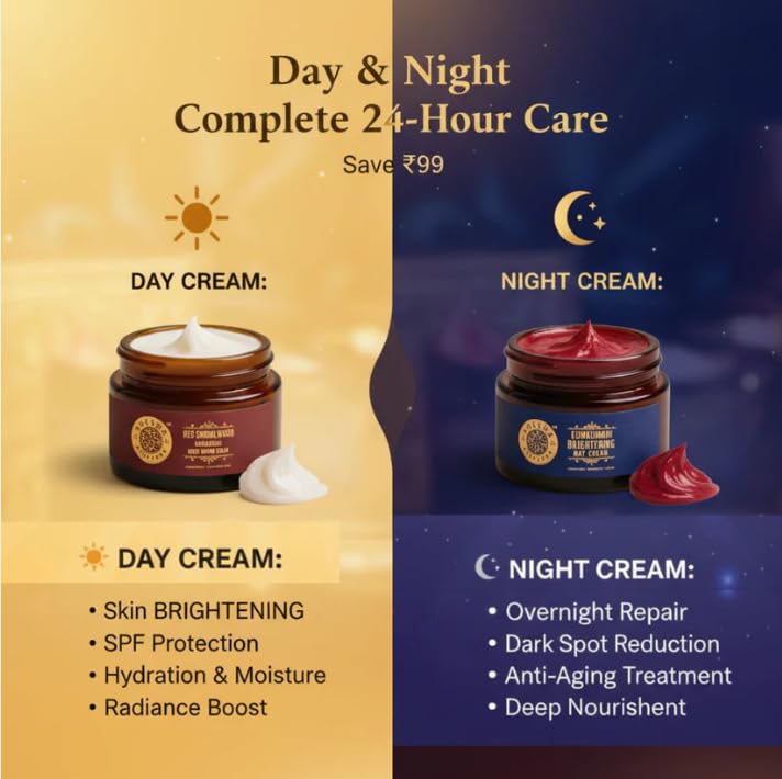Image of SHESHA AYURVEDA Combo of Red Sandalwood Skin Brightening & Night Repair Cream & Kumkumadi Brightening Day Cream | Hydrating Anti-Aging for Radiant Skin | 50g Each