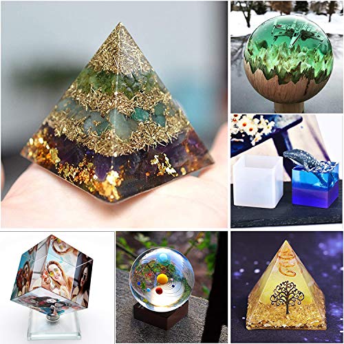 Hemoer 10 Pcs Silicone Resin Molds, Art Resin Casting Molds Includes Sphere, Cube, Pyramid, Square, Heart, Round, Mixing Cups And Mat For Making Jewelry Holder, Soap, Candle, Coasters, Home Decoration #TOP4
