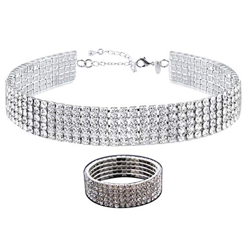 Zealmer 5 Row Fake Diamond Choker for Women White Gold Plated