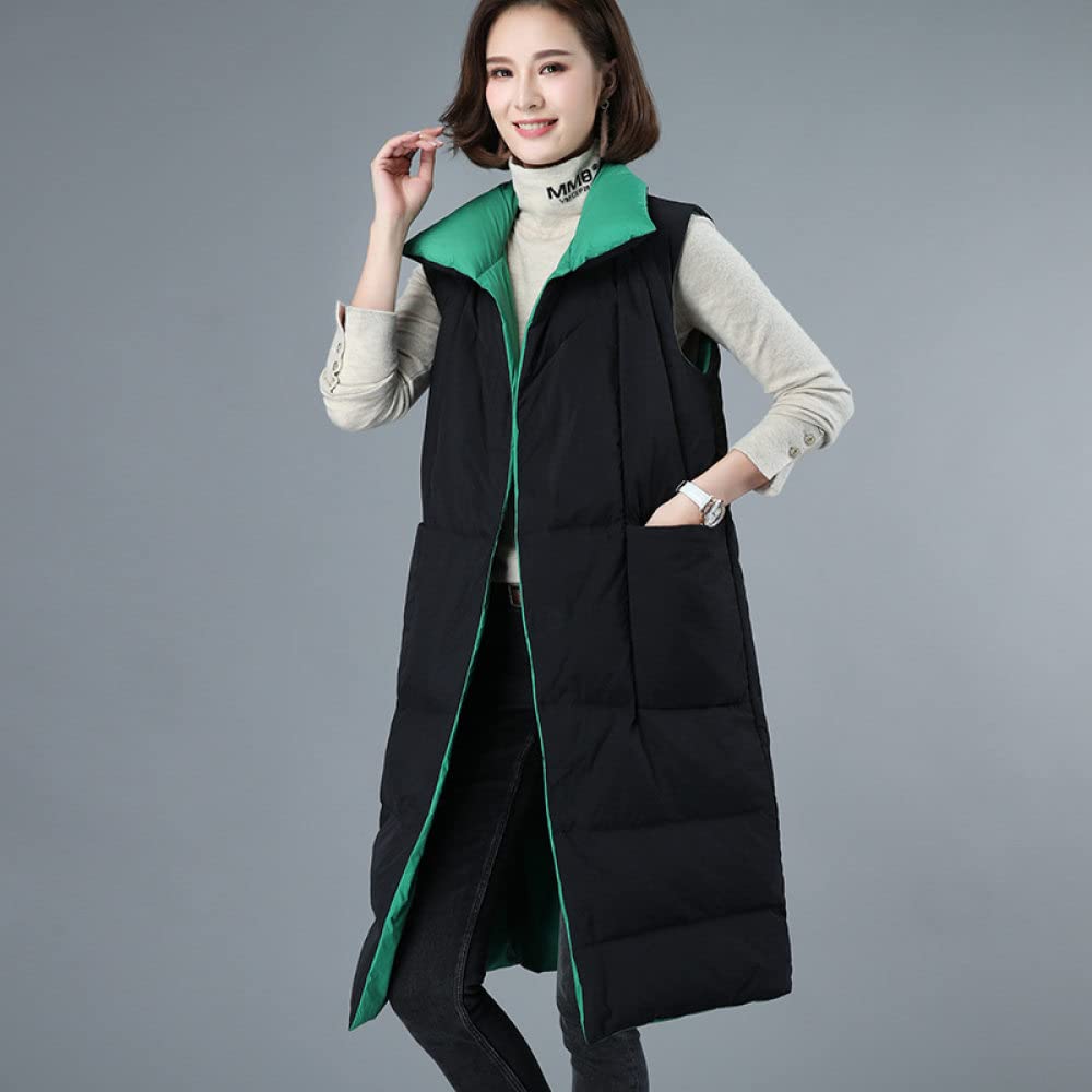 Longweste Damen,Lange Daunenweste Damen Daunenweste Mit Revers, Schwarz&Grün Wende Ärmelloser Daunenmantel Leichte Elegante Übergangsweste Steppweste Für Damen Mädchen Im Freien