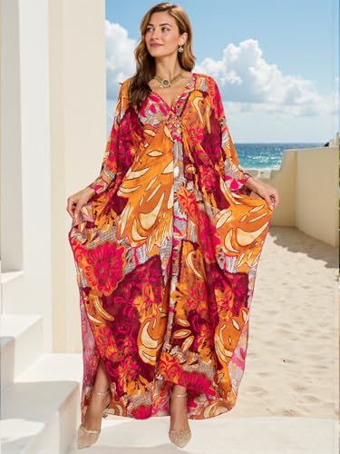 Image of IMAGEKOPE Women's Plus Size Animal Print V-Neck Batwing Kaftan Beach Dress Bathing Suit Cover-Up Loungewear