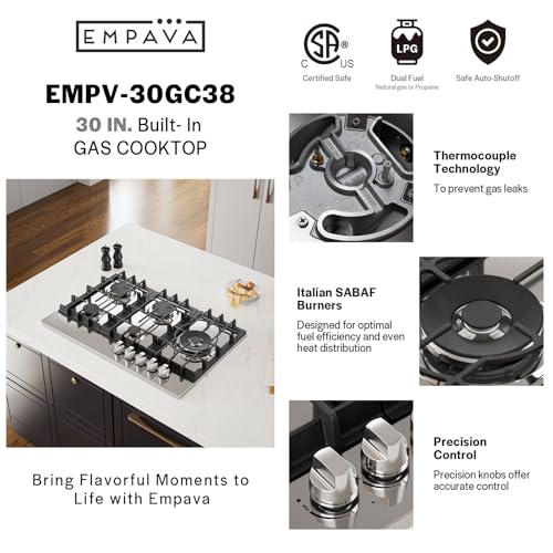 Image of Empava 30 inch Built Cooktop in Stainless Steel with 5 Gas Stove Including A 18000 BTU Power Burner, 30IN, Silver