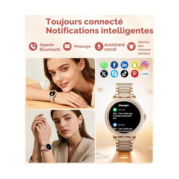 Montre Connectée Femme avec Diamant, 1,32" Écran Smartwatch, Appel Bluetooth/Suivi de la Fréquence Cardiaque et Sommeil, 500+ Cadrans, IP68, 110+ Modes Sportifs, Compatible Android iOS, Or Rose