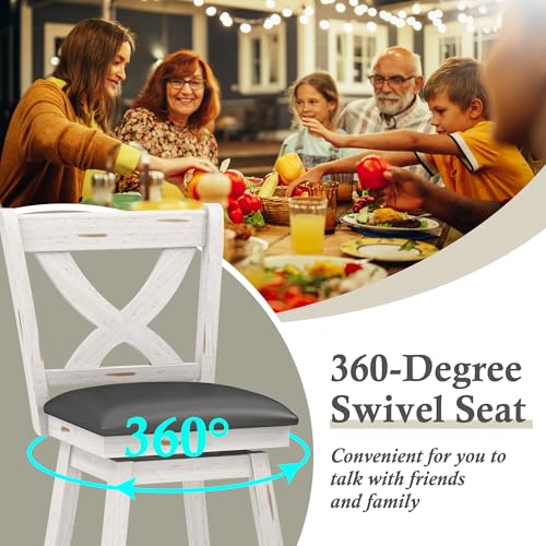 Image of Swivel Bar Stools Set of 2, Farmhouse 30 inch Counter Height Barstools with X Carved Backs, Wooden Bar Chair with Solid Wood Legs & Footrest for Kitchen Island, Home Bar, Pub. Antique White