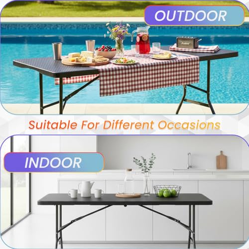 Image of FDW 6FT Folding Table, Portable Fold-in-Half Plastic Picnic Party Table with Carrying Handle (Black Ratten, 6FT)
