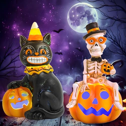 GoGnome Vintage Halloween Decorations Indoor - 2-Pack 4.7'' Resin Skeleton Gentleman & Black Cat...