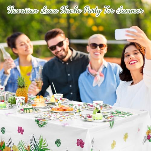 Image of Funnymoom 452 Pcs Hawaiian Luau Party Decoration for 50, Tropical Aloha Paper Plate Napkin Cup Tablecloth Cutlery Palm Leaf Hibiscus Disposable Tableware for Summer Beach Floral Birthday Party Supply