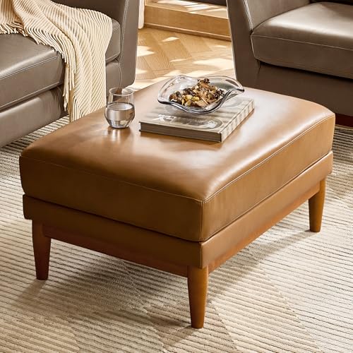HULALA HOME Genuine Leather Ottoman Coffee Table, Foot Stools Ottoman with Solid Wood Legs...