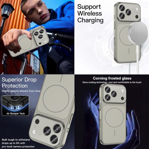 Image of Elzzi Magnetic Case for iPhone 17 Pro Max Case [Compatible with MagSafe][Built-in Camera Lens Protector] Slim Soft Silicone Bumper Shockproof Metallic Luster Back Cover Phone Case (Titanium)