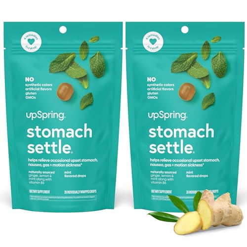 Image of UpSpring Stomach Settle Drops for Occasional Nausea Relief, Upset Stomach and Motion Sickness with Ginger, Lemon, Spearmint and B6, Mint Flavor Drops, 56ct (Pack of 2)