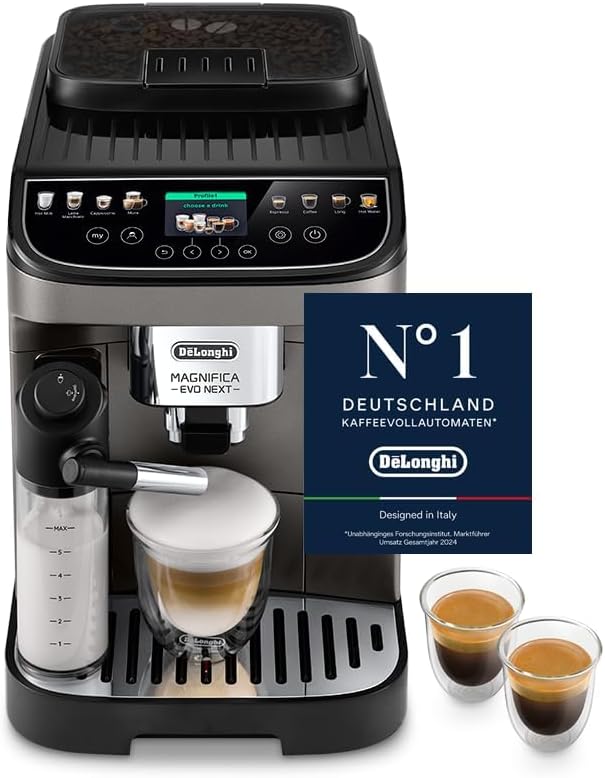 4. Bild von De'Longhi Magnifica Evo Next ECAM312.80.TB, Kaffeevollautomat mit 13 Getränken (Cappuccino, Espresso, Latte Macchiato), 2,4'' TFT Farbdisplay, LatteCrema Milchsystem, 2-Tassen-Funktion, Titan