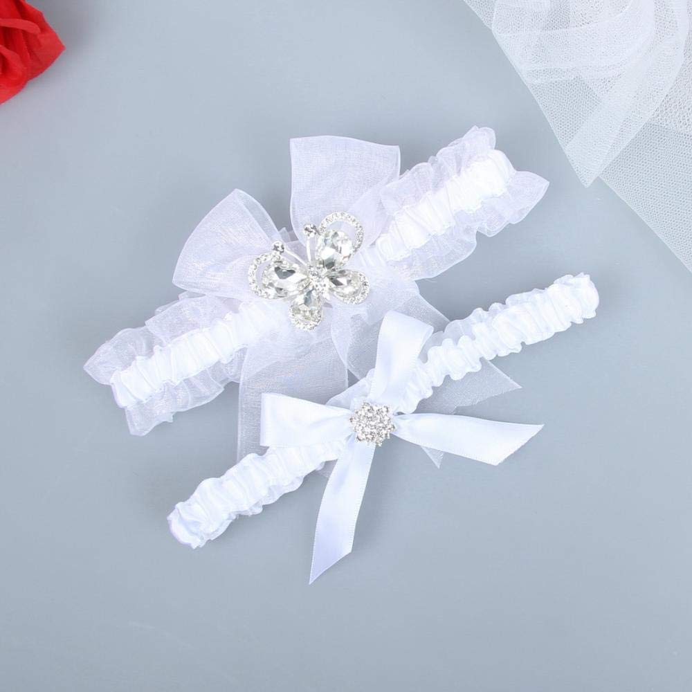 Giarrettiera Elasticizzata con Fiocco in Pizzo, Gamba da Sposa Elasticizzata con Nodo di Diamanti in Vetro con Reggicalze-Bianco 5 Pezzi_L, Giarrettiera Elasticizzata con Fiocco in Pizzo (Bianco 5