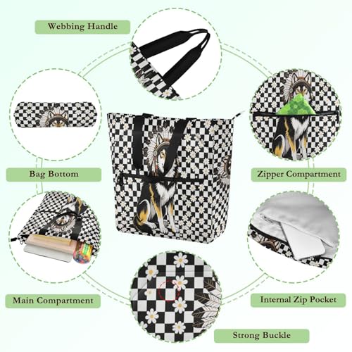 Decorative Book Bag Art Tote Bag for Kids Students Adults, Wolf White Black Checked Lightweight Reusable Book Bag Grocery Bag with Zipper for School Shopping Beach Rainbow bolsa para llevar3