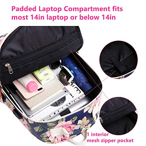 Image of Leaper Floral Backpack casual Bookbag Daypack USB Charging Port Dark Blue