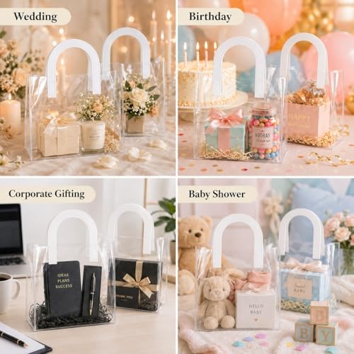 Image of SATYAM KRAFT 6 Pcs Transparent Reusable Leather Goodie Bags | Elegant Gift Bags for Her /Him Wedding Return Favors, Engagement Hampers, Marriage, Birthday & Festival Gifting | Handle Hamper Shopping Carry Bags (U-shaped White - Small)