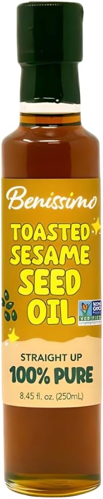 Benissimo 100% Toasted Sesame Oil in Glass Bottle, Non-GMO Premium Cooking Oil with Rich, Nutty Flavor, Perfect for Stir-Frying, Marinades, Dressings, and Drizzling, 8.45 fl oz