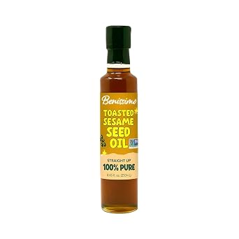 Benissimo 100% Toasted Sesame Oil in Glass Bottle, Non-GMO Premium Cooking Oil with Rich, Nutty Flavor, Perfect for Stir-Frying, Marinades, Dressings, and Drizzling, 8.45 fl oz