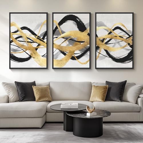 Large Framed Black White Gold Abstract Canvas Wall Art for Living...