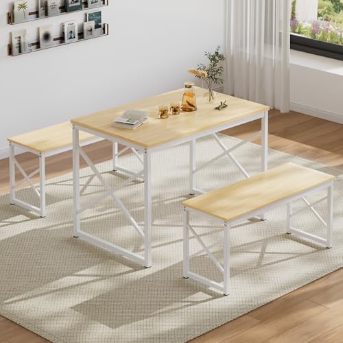 VECELO Kitchen Dining Table Benches Set for 4, 43.3" Wooden