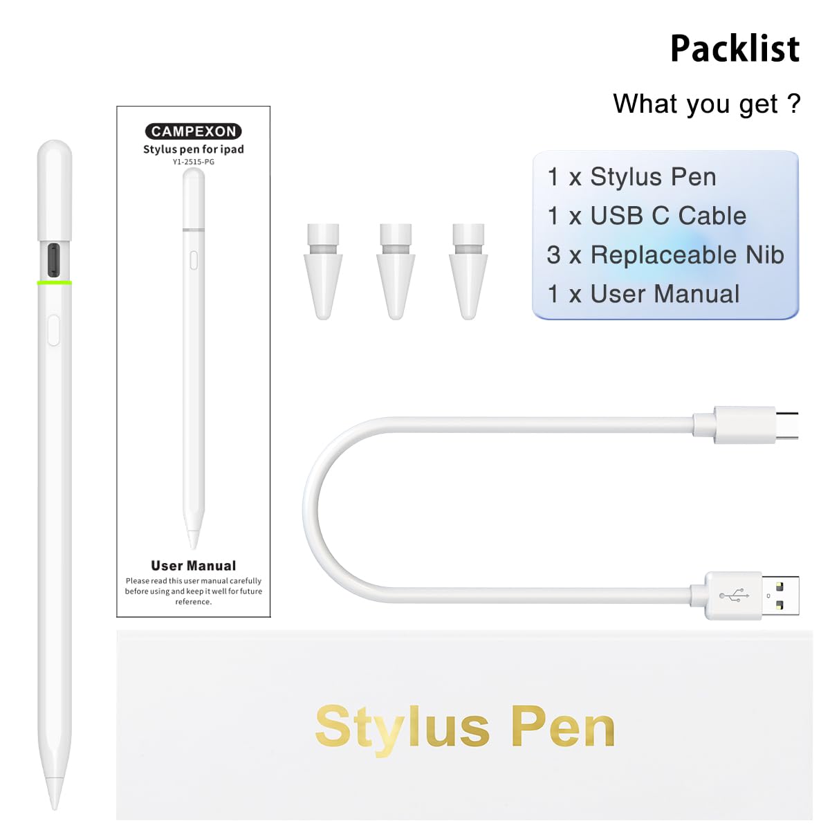Lapiz para iPad 10º/9º Generacion, CAMPEXON Lápiz para iPad 2018-2023 con Inclinación & Rechazo de Palma, Pencil USB C para iPad 6/7/8/9/10, Air 3/4/5/, Mini 5/6, Pro 11" 1/2/3/4, Pro 12" 4/5/6