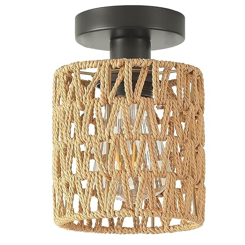 Image of Handwoven Rope Flush Mount Ceiling Light with Metal Frame, Boho Farmhouse Ceiling Lamp, Rustic Jute Hanging Light Fixture for Living Room, Bedroom, Hallway, Balcony, E27 Bulb Holder