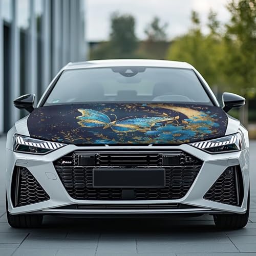 Image of Bulopur Blue Butterfly Car Hood Cover Easy to Install Car Hood Cover Protector Elastic Fabrics Can be Washed Stretch Polyester Fabric Cover Personalized Suitable for Cars