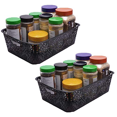 Image of Cutting Edge Essentials Plastic Storage Baskets /Shelf /Turkish Rack with Lid - Set of 2 for Fruit Vegetable Bathroom Stationary Home Basket with Handle (Black, Medium)