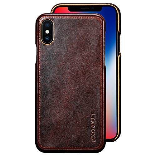 iPhone Xs Max Case, Pierre Cardin Premium Genuine Cowhide Leather with New Slim Design Hard Back Cover for Apple iPhone Xs Max, Dark Brown