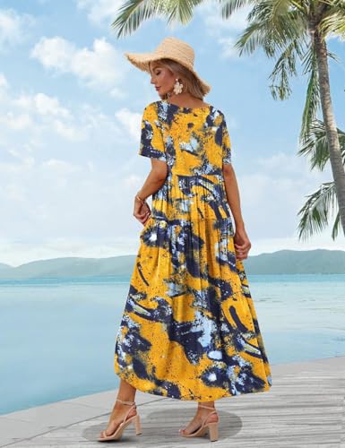 Image of YESNO Women Casual Loose Bohemian Floral Dress with Pockets Short Sleeve Long Maxi Summer Beach Swing Dress EJF