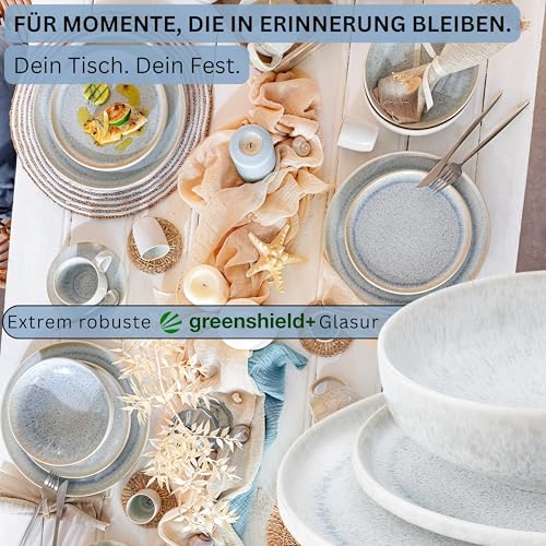 SÄNGER | Tafelservice Santorini 12 tlg, Teller Set 4 Personen TEST SEHR GUT, Steingut Geschirr Set inkl. Speise- Dessertteller & Tiefe Teller Creme mit Flieder Blauem Verlauf | PREMIUM COLLECTION
