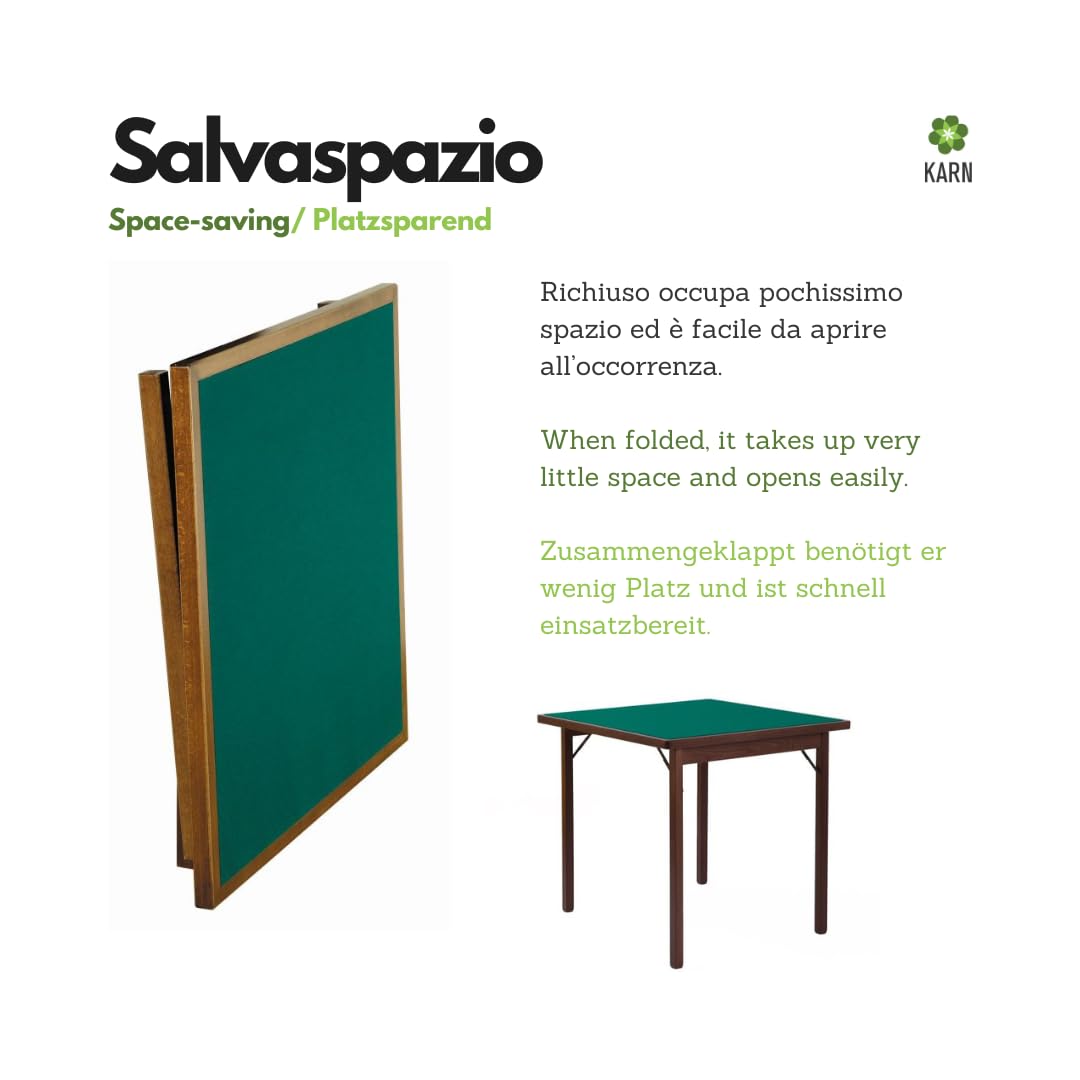 Karn Tavolo da Gioco Pieghevole Classic – Tavolo Carte Poker 80x80 in Legno Faggio Massello con Panno Verde – Salvaspazio Made in Italy