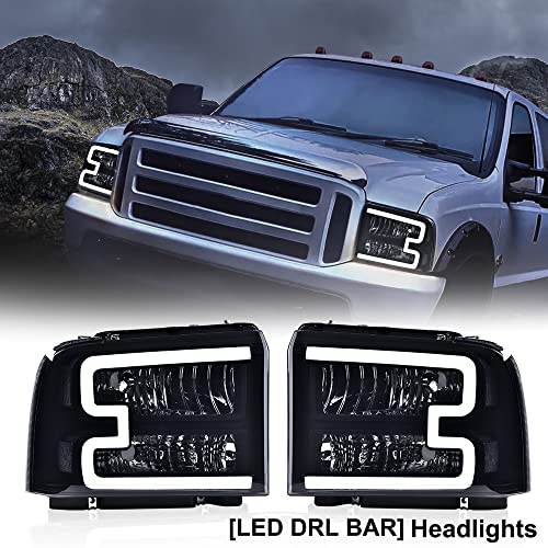 Image of GRAND ORANGE LED Pair Headlights Assembly W /Harness, Compatible with Ford F250 F350 F450 F550 2005 2006 2007, Fit Ford Excursion 2005, Smoky Lens Black Housing Clear Reflector, faros delanteros
