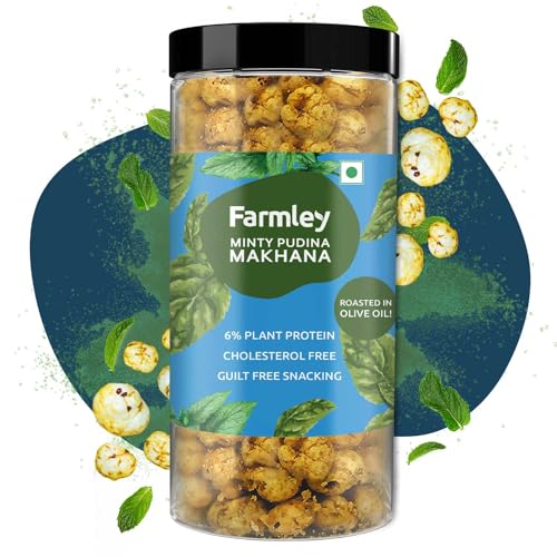 Image of Farmley Roasted and Flavoured Makhana | Minty Pudina Makhana | Namkeen Snacks & Puffed Snacks | Healthy Snack | Cholesterol Free | Gluten Free | Rich In Protein & Fiber | Roasted in Olive Oil - 77g Jar