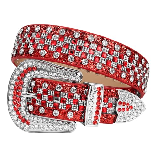 Unisex Rhinestone Bling Belt - Crystal Diamond Studded Genuine Leather Western Cowboy/Cowgirl Belt for Jeans