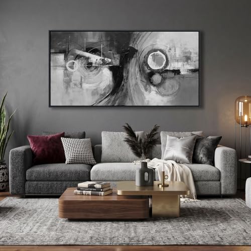 YCPRIMER Black and White Abstract Wall Art, Black Framed Textured Geometric Circle Canvas Picture, Modern Painting Monochrome Artwork for Living Room Bedroom 20×40 Inch