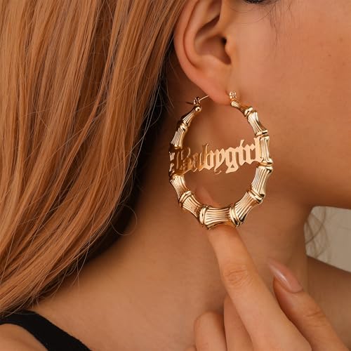 Hersin Gold Bamboo Hoop Earrings for Women 18K Gold Plated Large Round Heart Bamboo Earrings Set 80s 90s Door Knocker Earrings Trendy Hip Hop Jewelry Clothing Accessories2