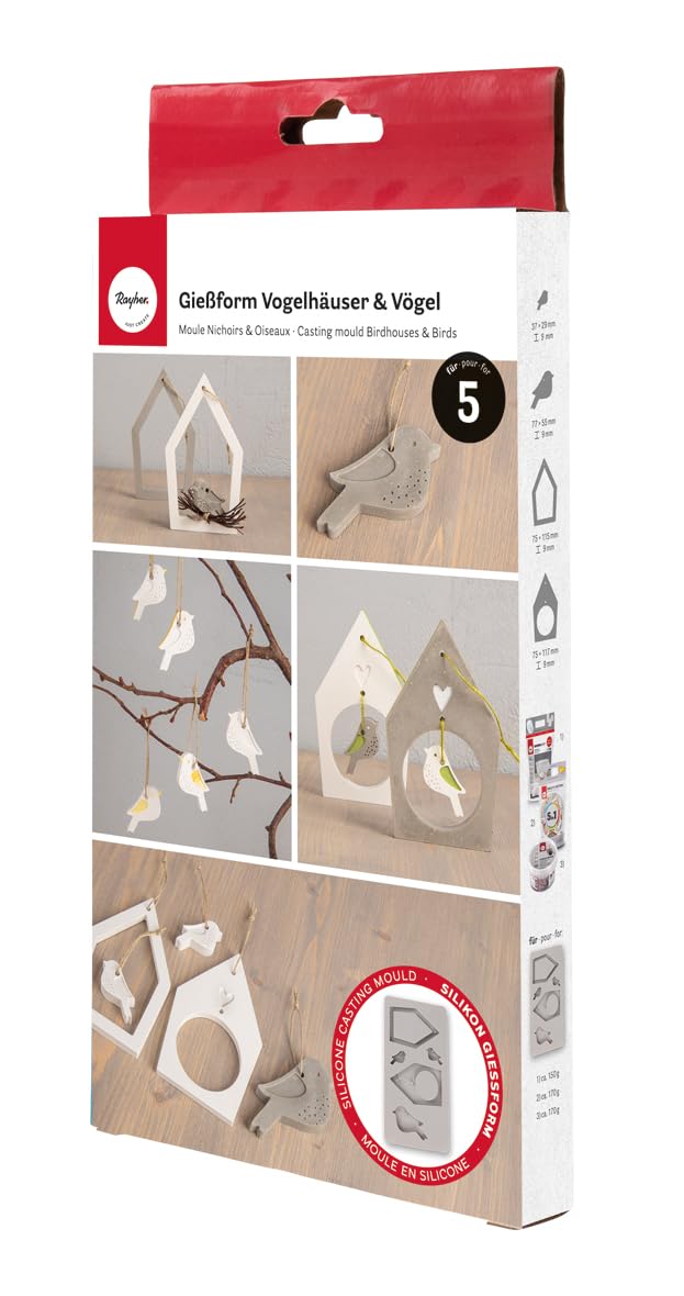 Rayher Casting mould Birdhouses + Birds, 14.5x26x1.2cm, 5 shapes, box 1pc, 36172000