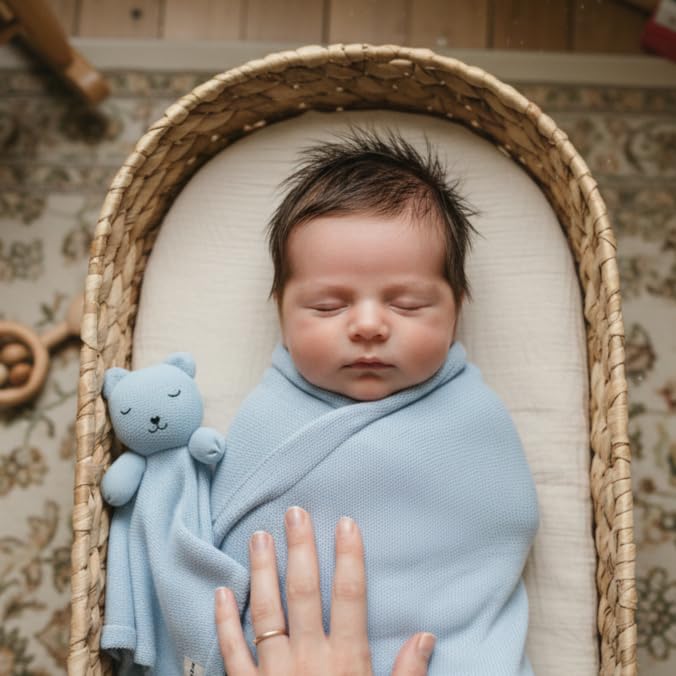 Image of Baby Gift Set - Organic Cotton Newborn Blanket and Lovey Security Blanket Set, Baby Boy, Blue Gifts, Best Gaby Gifts, Cute Ideas (Lovey - Bear - Sky Blue)