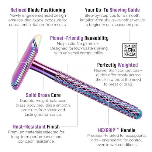 Jungle Culture Safety Razor for Women & Men in Rainbow • Reusable Metal Razor • No Blades Included - Fits All Double Edge Blades • Eco Friendly • Shaving Guide included • for Body & Face