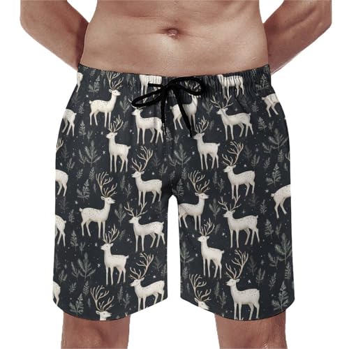 Hawaiian Shorts for Men - Comfy Deer Plant Print Mens Swim Trunks Bathing Suits with Mesh Lining