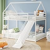 YIORTWO Twin-Over-Twin Low Bunk Bed with Convertible Slide,Montessori Floor Bunk Bed Frame with Full-Length Guardrail,Heavy Duty Metal Bed with House Shape and Roof for Toddlers,White