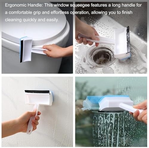 Image of - 2 in 1 Double-Sided Glass Cleaning Brush | Window Washing Equipment Scrubber with Soft Sponge | Glass Tint Shower Squeegee for Bathroom, Car, Household