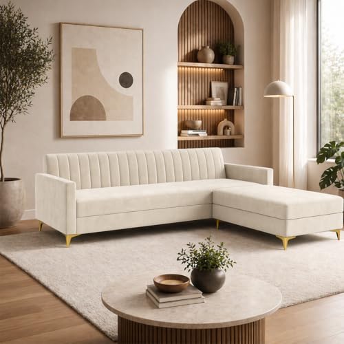 Image of SOCOZI Morello 4 Seater L Shape Sofa Set with Movable Ottoman | Flexible Left or Right Layout | Soft Velvet Suede Fabric | Modern Design | Plush Comfort Cushions for Living Room (Cream)