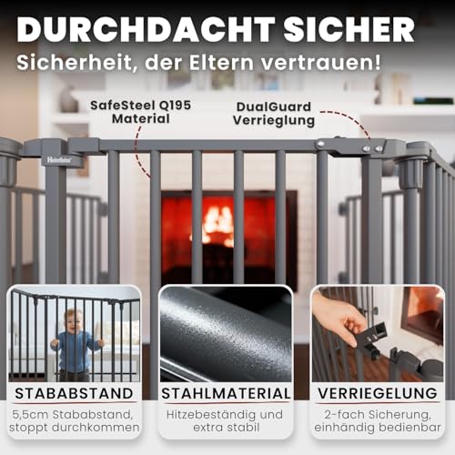 Heimfleiss® Kaminschutzgitter Baby mit Sicherheitsverschluss | Ofenschutzgitter für Kinder & Hunde | Ofengitter Kinderschutz aus Stahl | Universal nutzbar als Kamin-, Tür- & Treppenschutzgitter (Grau)