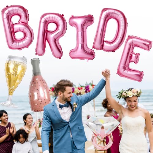Image of 40inch Bride Balloons Pink Letters Banner, Bachelorette Party Decorations Set with Diamond Ring Champagne Bottle Balloon Glass Foil Balloon for Pink Bachelorette Engagement Wedding Bridal Shower Decor