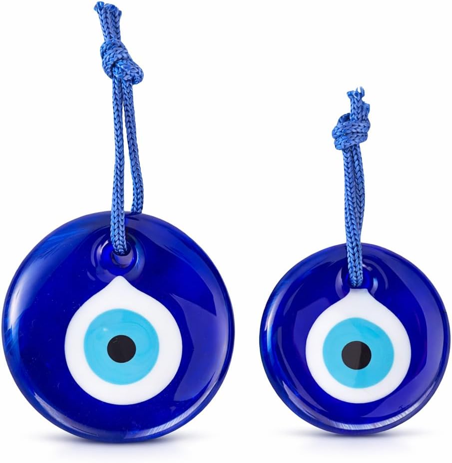 Turkish Glass Blue Evil Eye Wall Hanging Ornament - Turkish Nazar Beads - Evil Eye Home Protection Charm Set of 2 - Wall Decor Amulet in a Box
